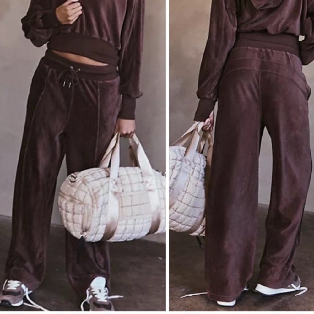 FREE PEOPLE MOVEMENT Let’s Volley Brown Velour Wide Leg Pants With Pockets